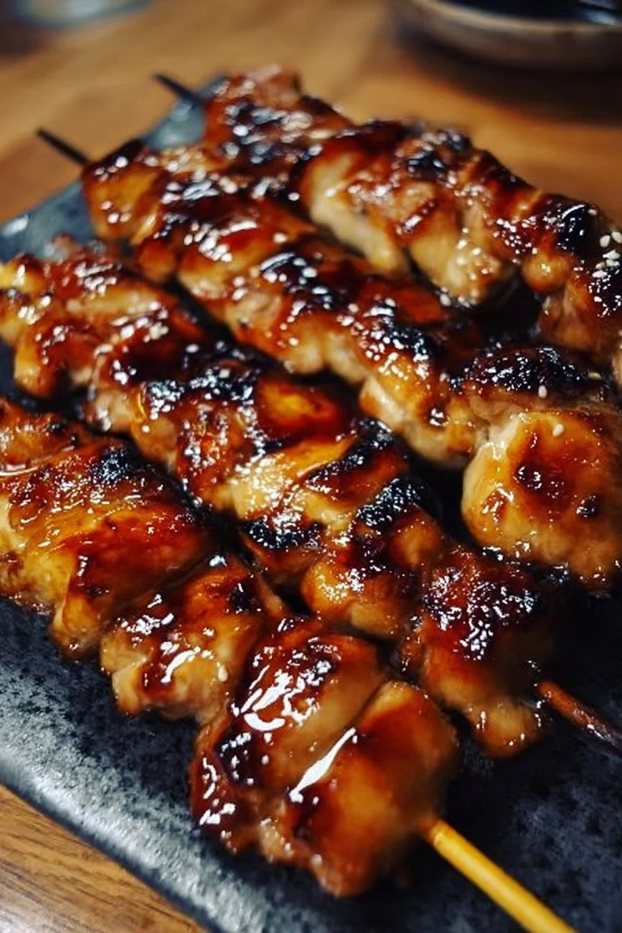 Cozy grilled chicken yakitori skewers garnished with green onions