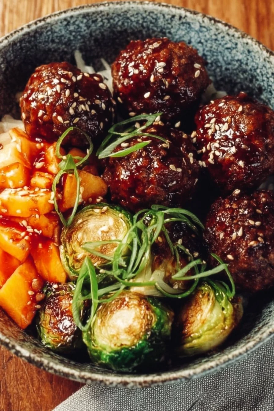 Warm and hearty Korean meatball bowl topped with fresh vegetables and sauce.