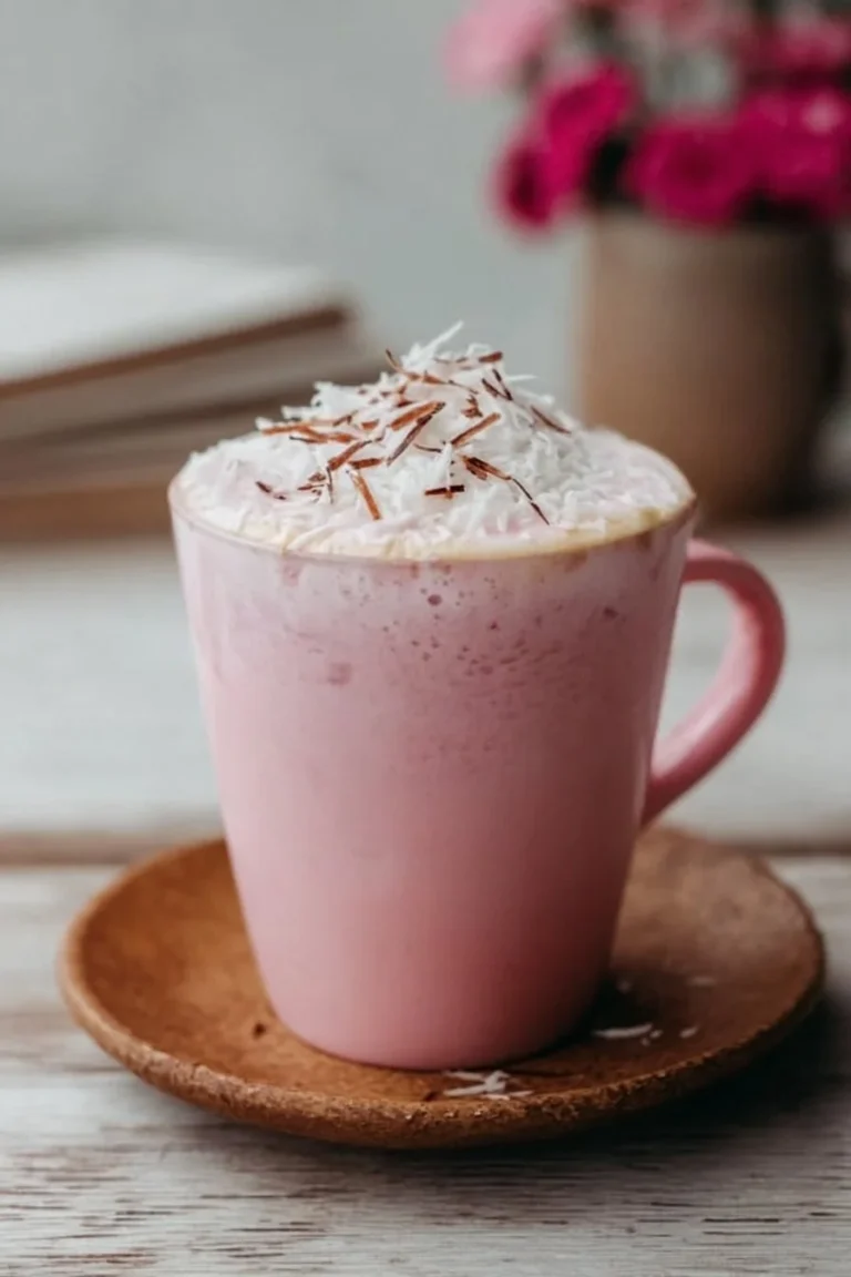 Cozy pink coconut latte topped with espresso in a warm cup