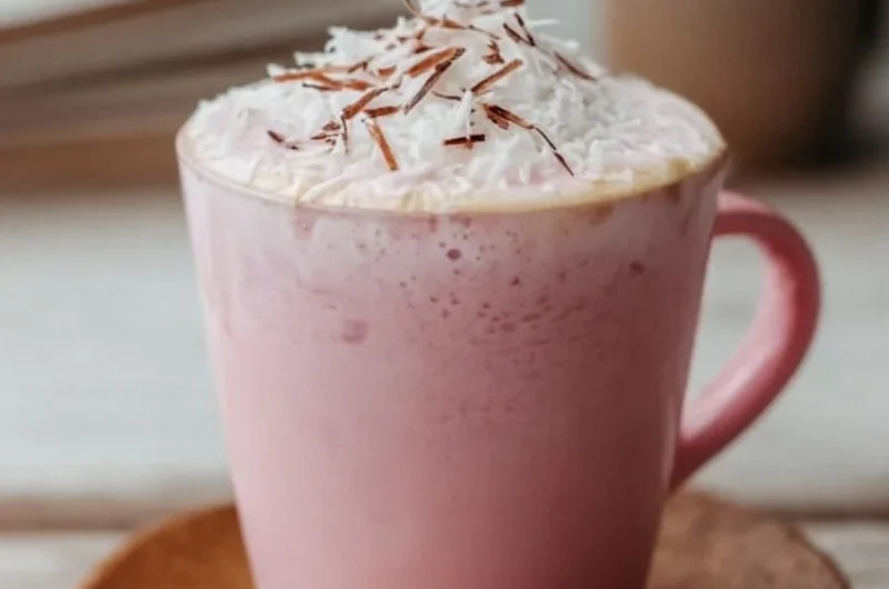 Cozy pink coconut latte topped with espresso in a warm cup
