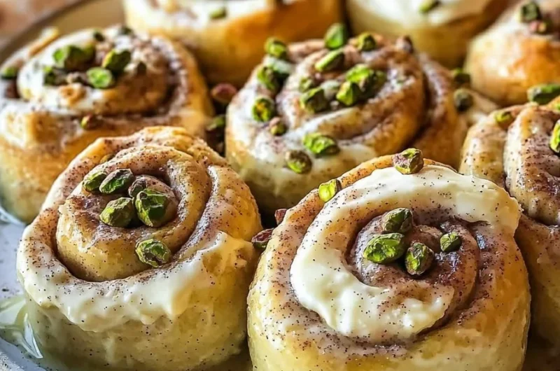 Delicious pistachio cinnamon cream rolls dessert on a plate