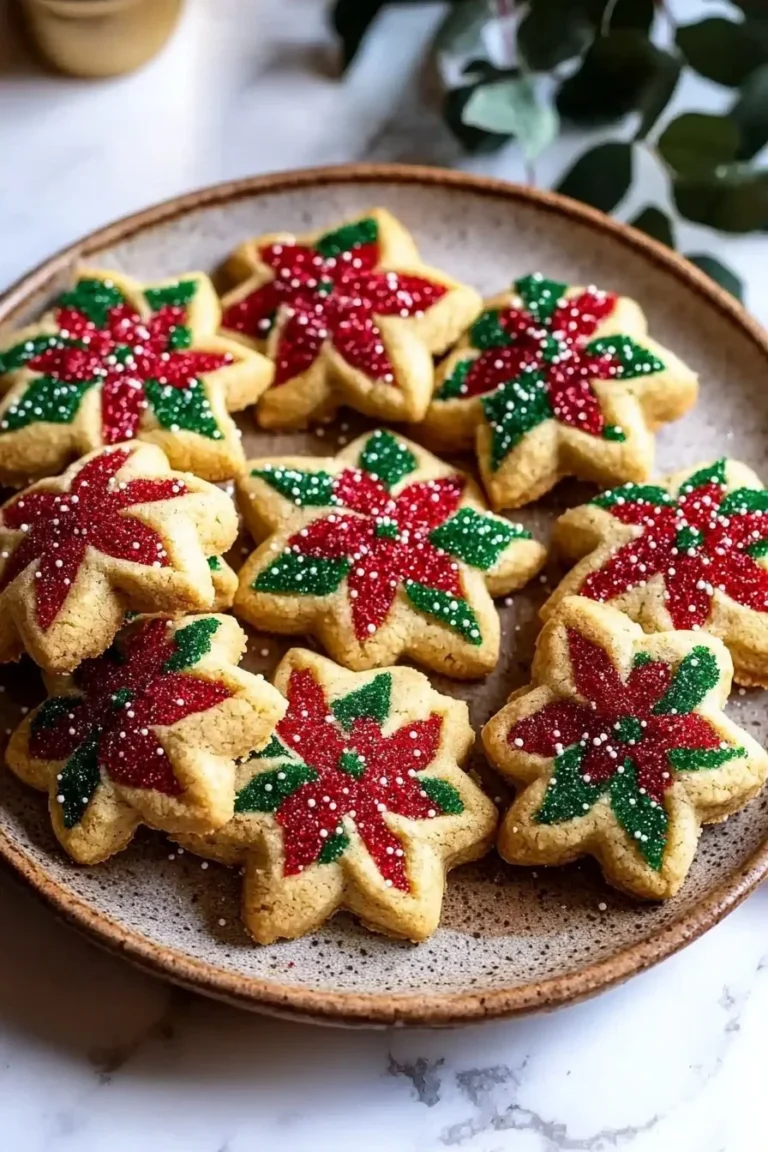 Cozy Poinsettia Cookies decorated for the holiday season