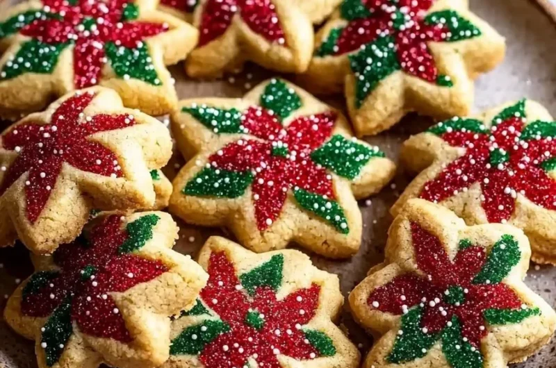 Cozy Poinsettia Cookies decorated for the holiday season