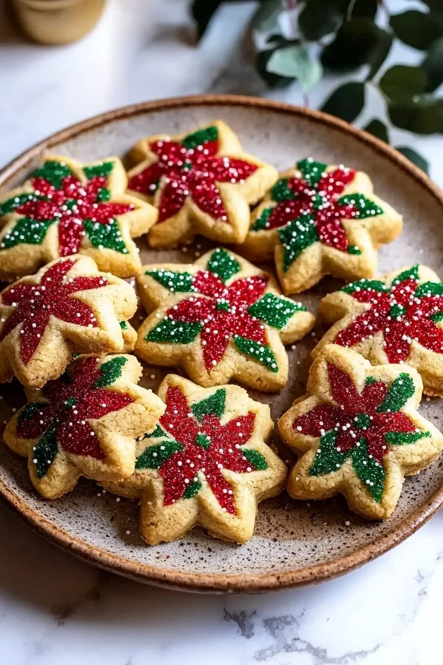 Cozy Poinsettia Cookies decorated for the holiday season
