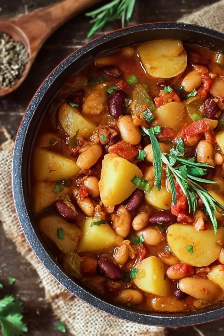 Cozy smoky bean and potato stew in a rustic bowl, perfect for a comforting meal.