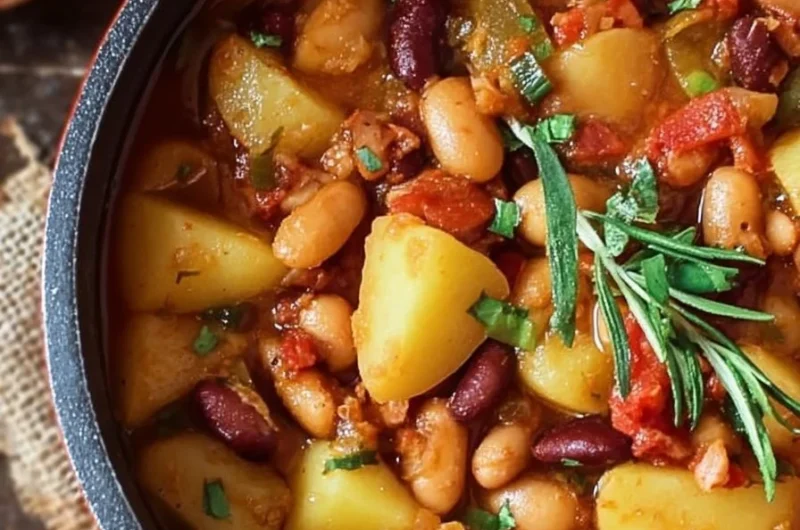 Cozy smoky bean and potato stew in a rustic bowl, perfect for a comforting meal.