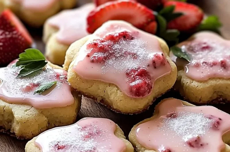 Cozy strawberry shortbread cookies on a rustic table