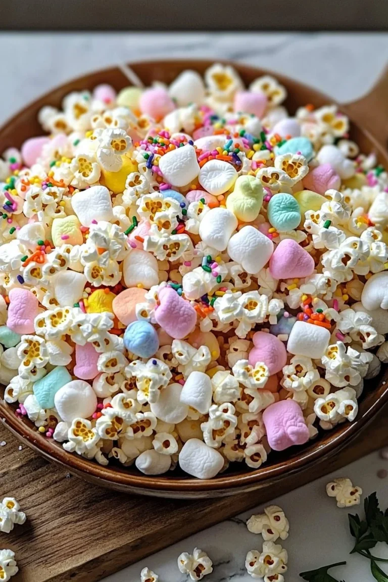 Cozy unicorn marshmallow popcorn snack mix with vibrant colors and flavors.