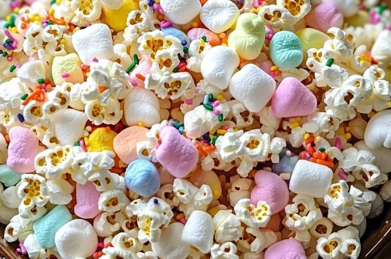 Cozy unicorn marshmallow popcorn snack mix with vibrant colors and flavors.