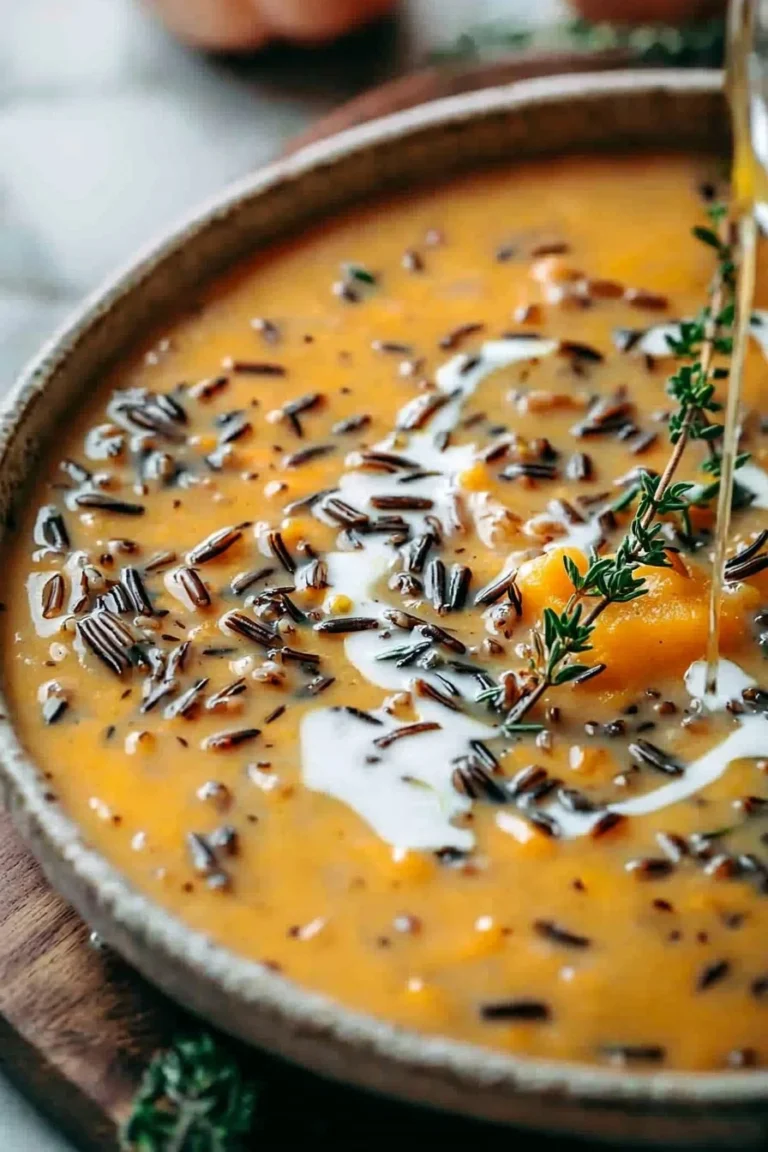 Cozy vegan pumpkin wild rice soup served in a bowl with garnishes