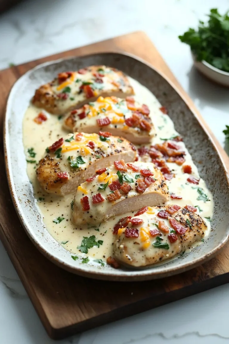 Bowls of creamy bacon chicken garnished with herbs