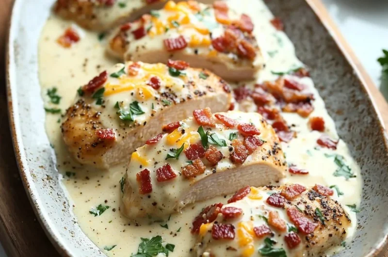 Bowls of creamy bacon chicken garnished with herbs