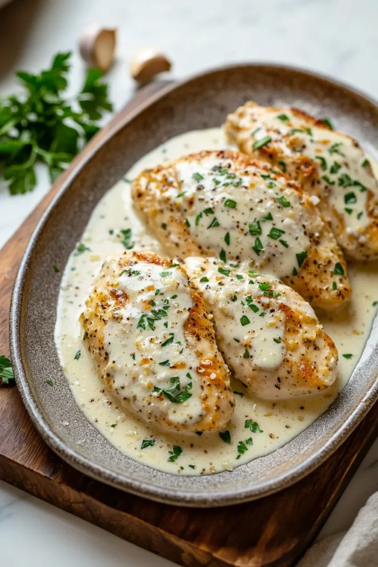 Creamy baked chicken breasts garnished with herbs on a plate