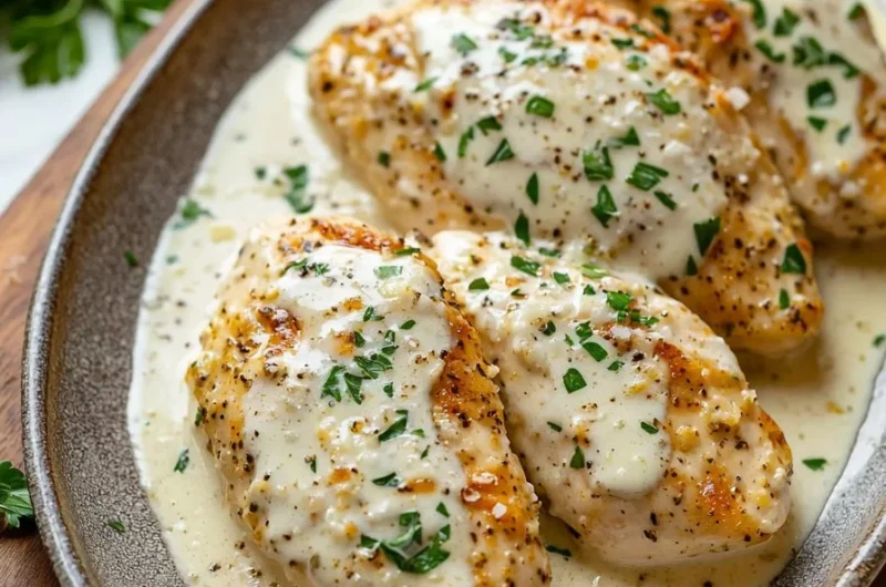 Creamy baked chicken breasts garnished with herbs on a plate