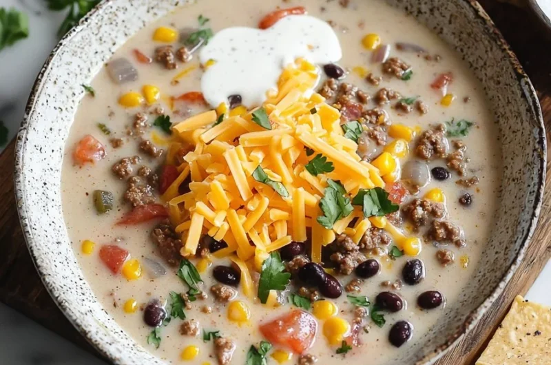 Creamy cheesy ground beef taco soup in a bowl garnished with cilantro and cheese
