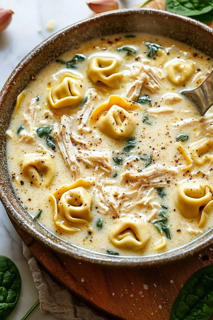 Bowl of creamy chicken tortellini soup garnished with herbs and served with crusty bread