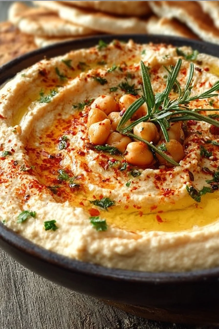 Creamy homemade hummus served with fresh veggies and pita bread