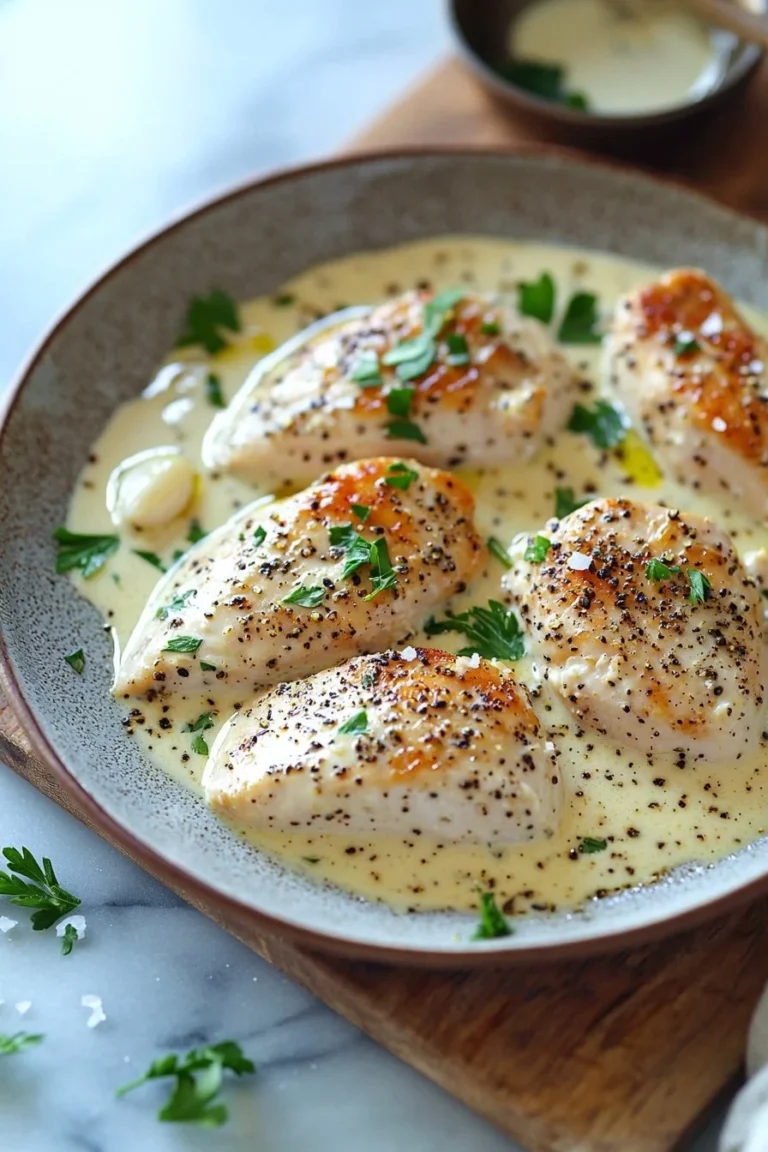 Delicious creamy peppercorn chicken served with herbs and spices