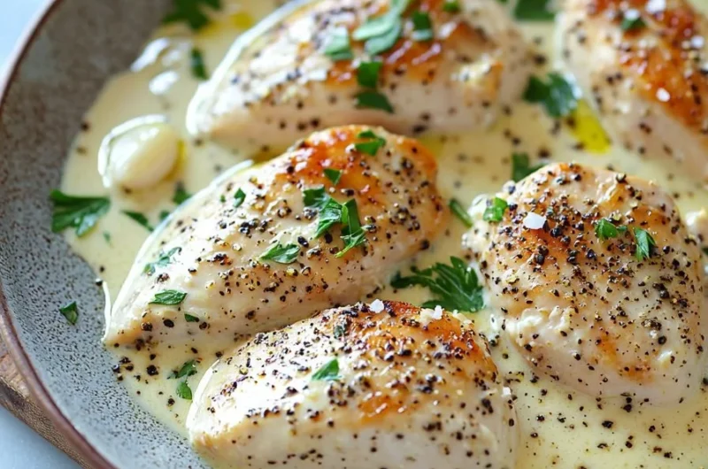 Delicious creamy peppercorn chicken served with herbs and spices