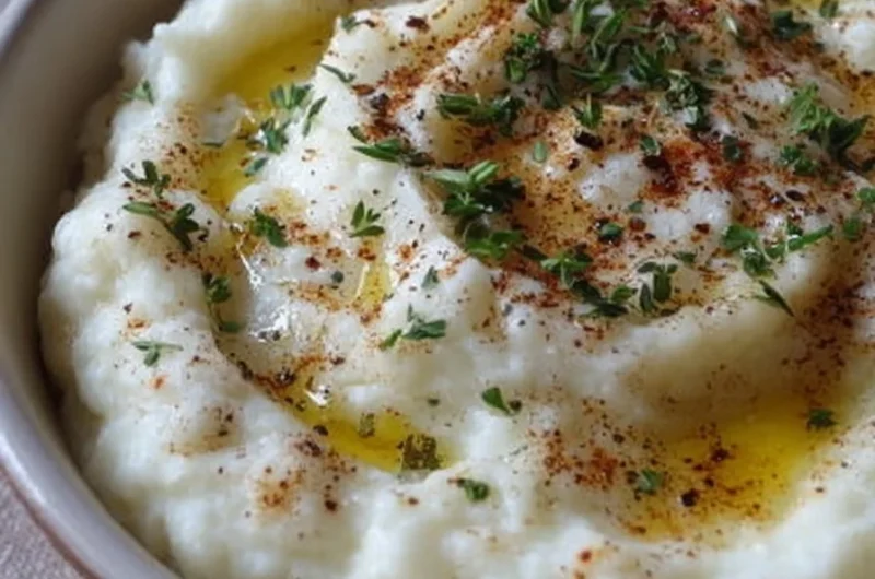 Creamy roasted garlic mashed cauliflower dish served in a bowl