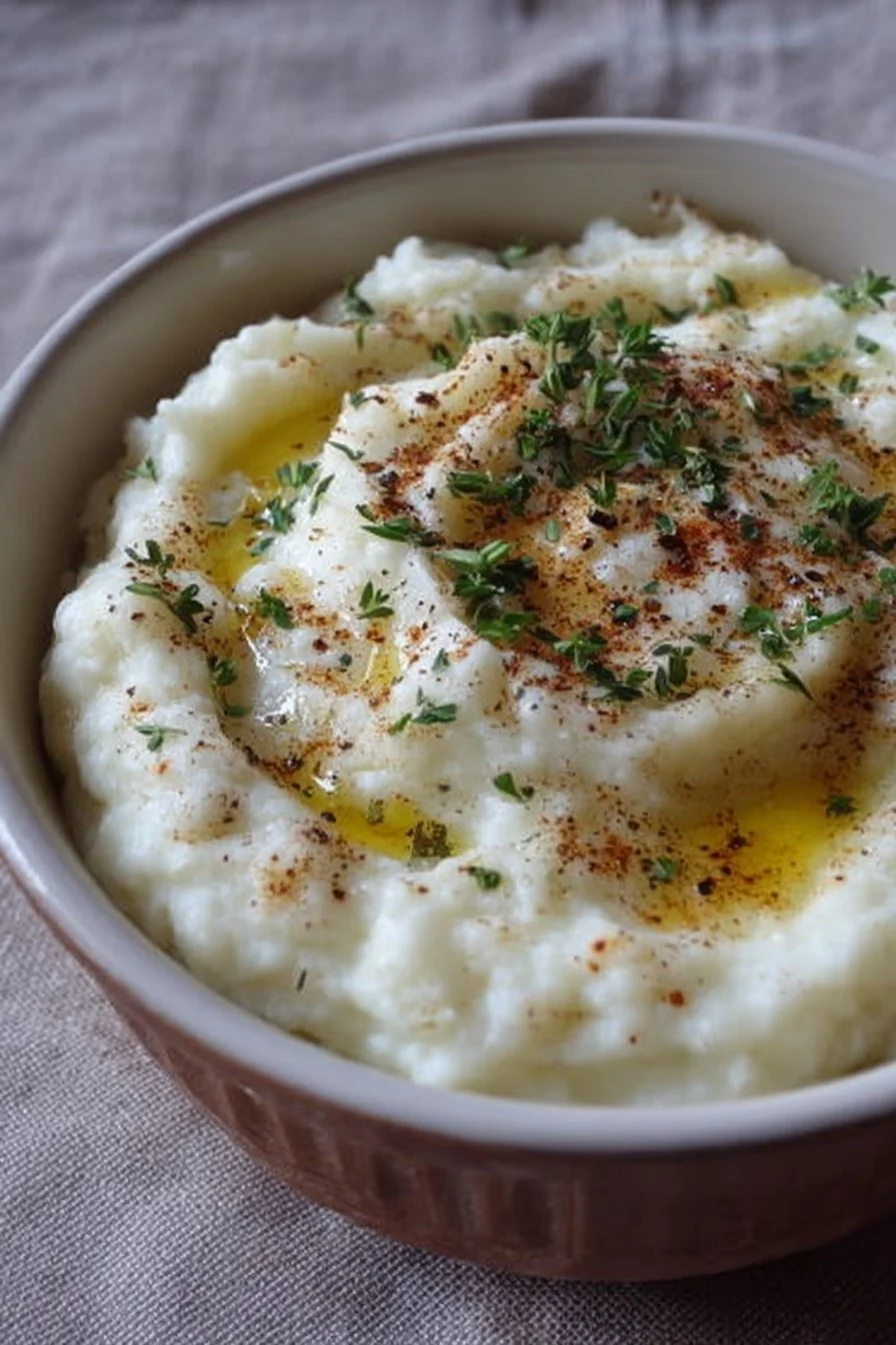 Creamy roasted garlic mashed cauliflower dish served in a bowl