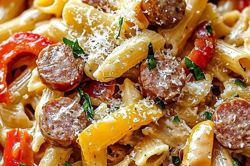 Creamy sausage and peppers pasta served in a bowl