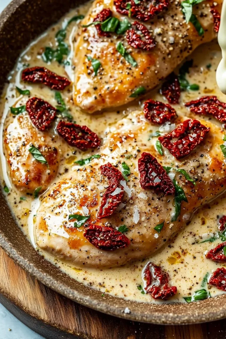 Creamy sun-dried tomato garlic chicken served with herbs and pasta