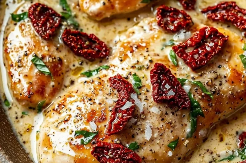 Creamy sun-dried tomato garlic chicken served with herbs and pasta