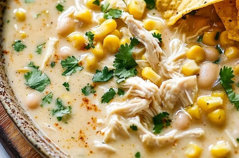 Creamy white chicken enchilada soup served in a bowl with cilantro garnish.