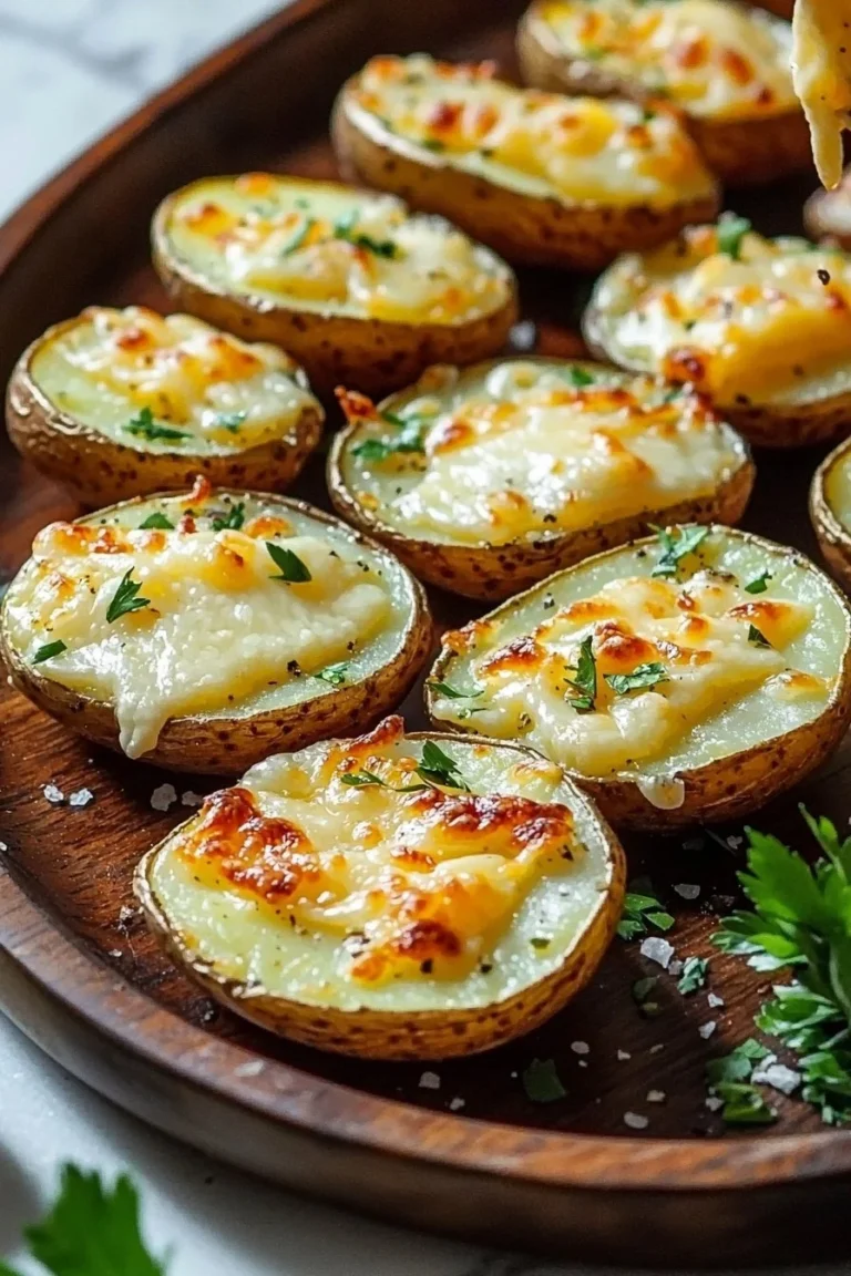 Crispy baked potato slices topped with melted cheese on a plate