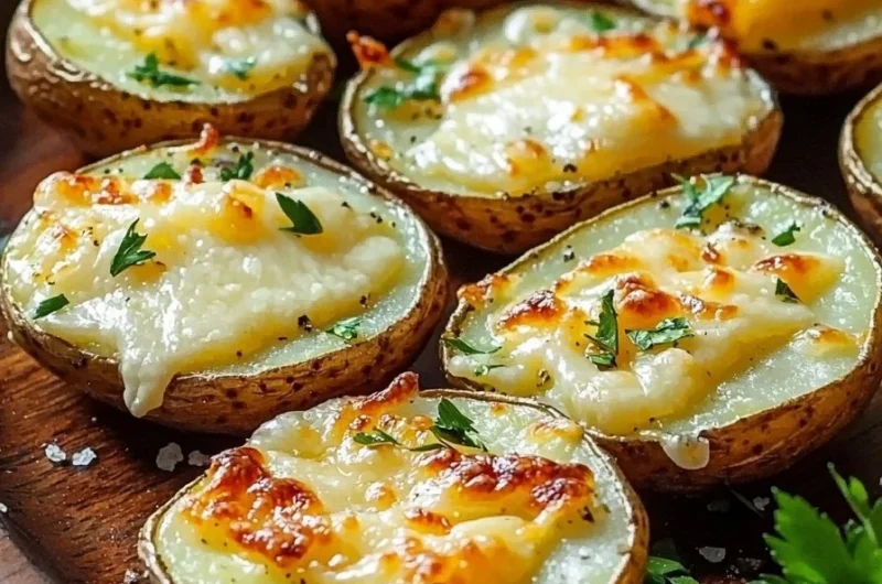 Crispy baked potato slices topped with melted cheese on a plate