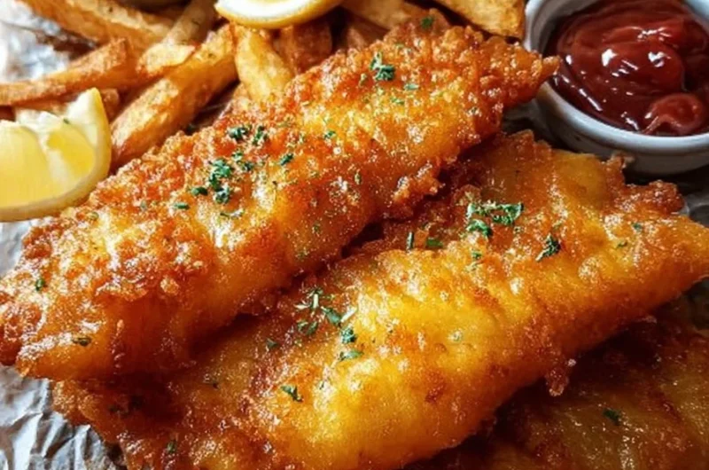 Crispy British fish and chips served with tartar sauce and lemon wedges