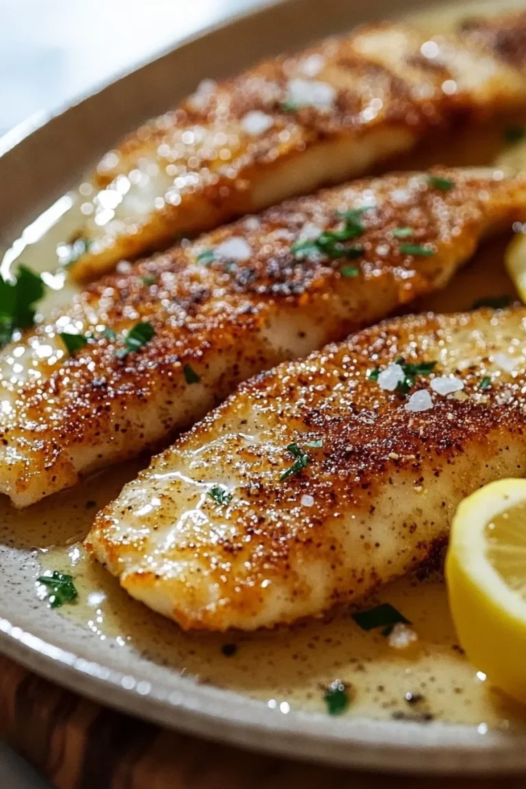 Crispy pan fried tilapia with garlic lemon butter sauce on a plate