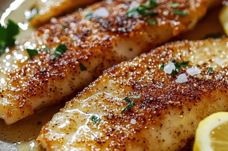 Crispy pan fried tilapia with garlic lemon butter sauce on a plate
