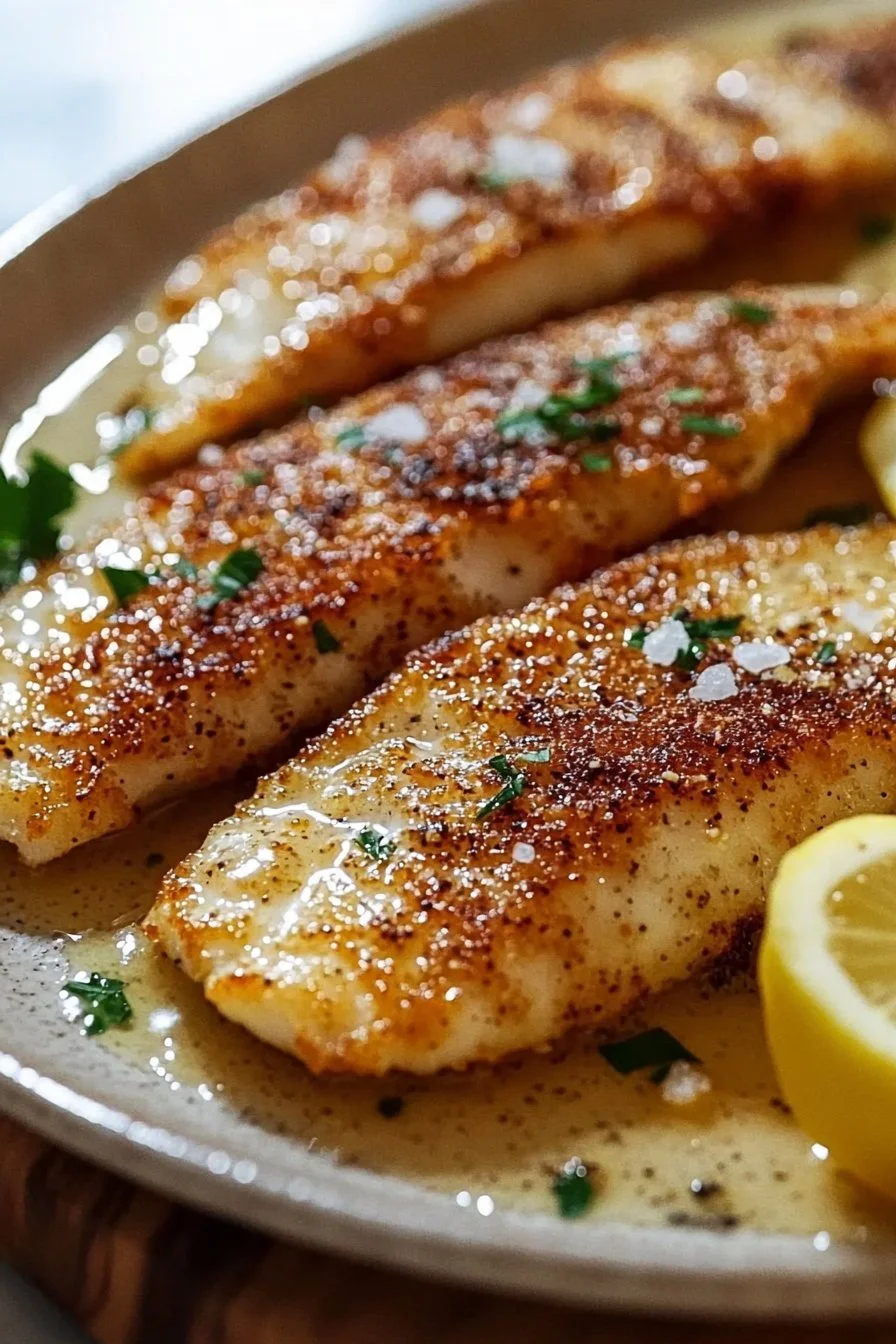 Crispy pan fried tilapia with garlic lemon butter sauce on a plate
