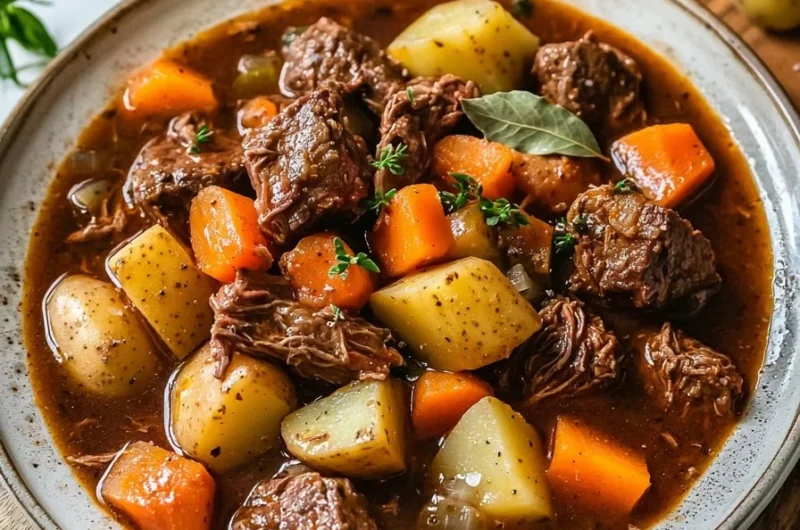 Bowl of hearty Crock Pot beef stew with vegetables and herbs