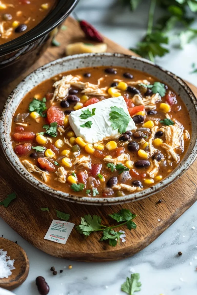 Crock Pot cream cheese chicken chili served in a bowl with toppings.