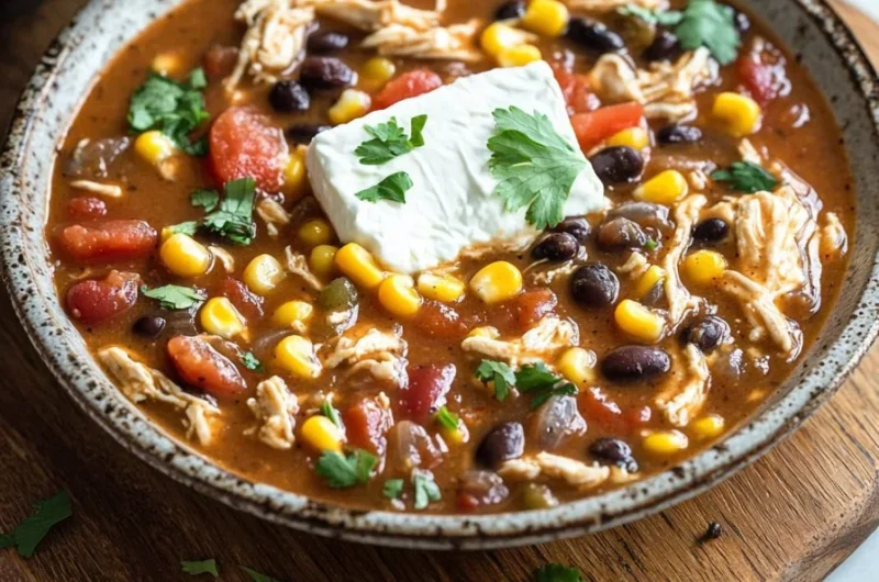 Crock Pot cream cheese chicken chili served in a bowl with toppings.
