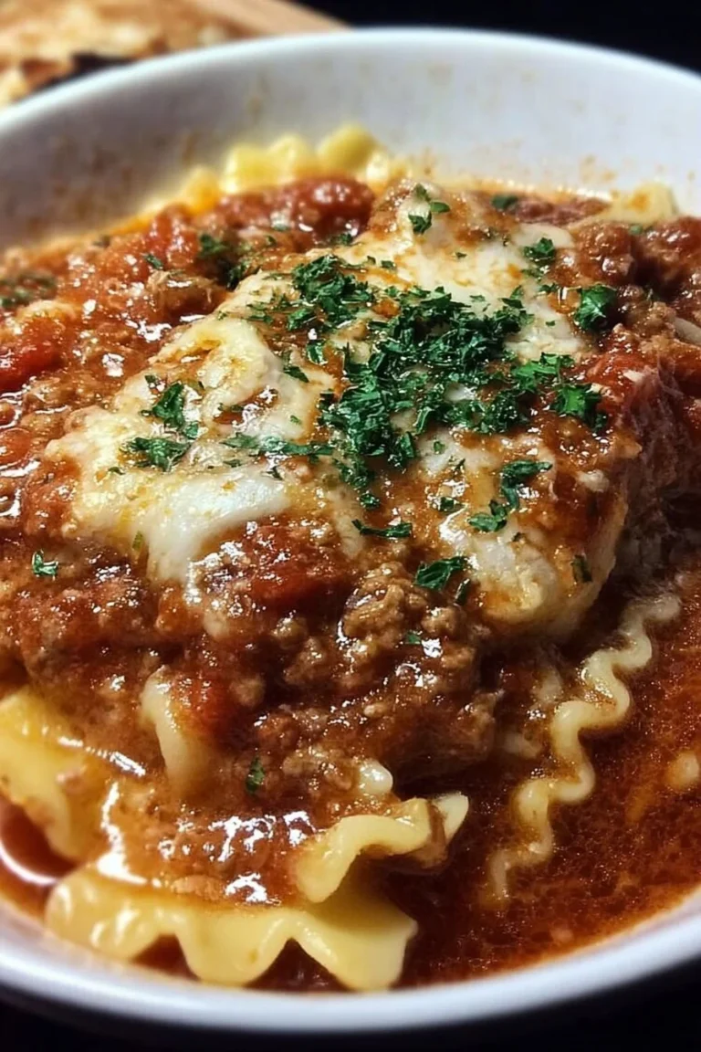 Crock Pot Lasagna Soup with melted cheese and pasta in a bowl