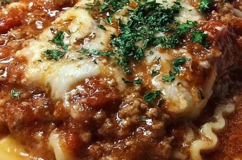 Crock Pot Lasagna Soup with melted cheese and pasta in a bowl