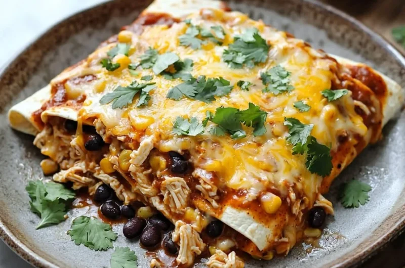 Crockpot Chicken Enchiladas Casserole with melted cheese and toppings