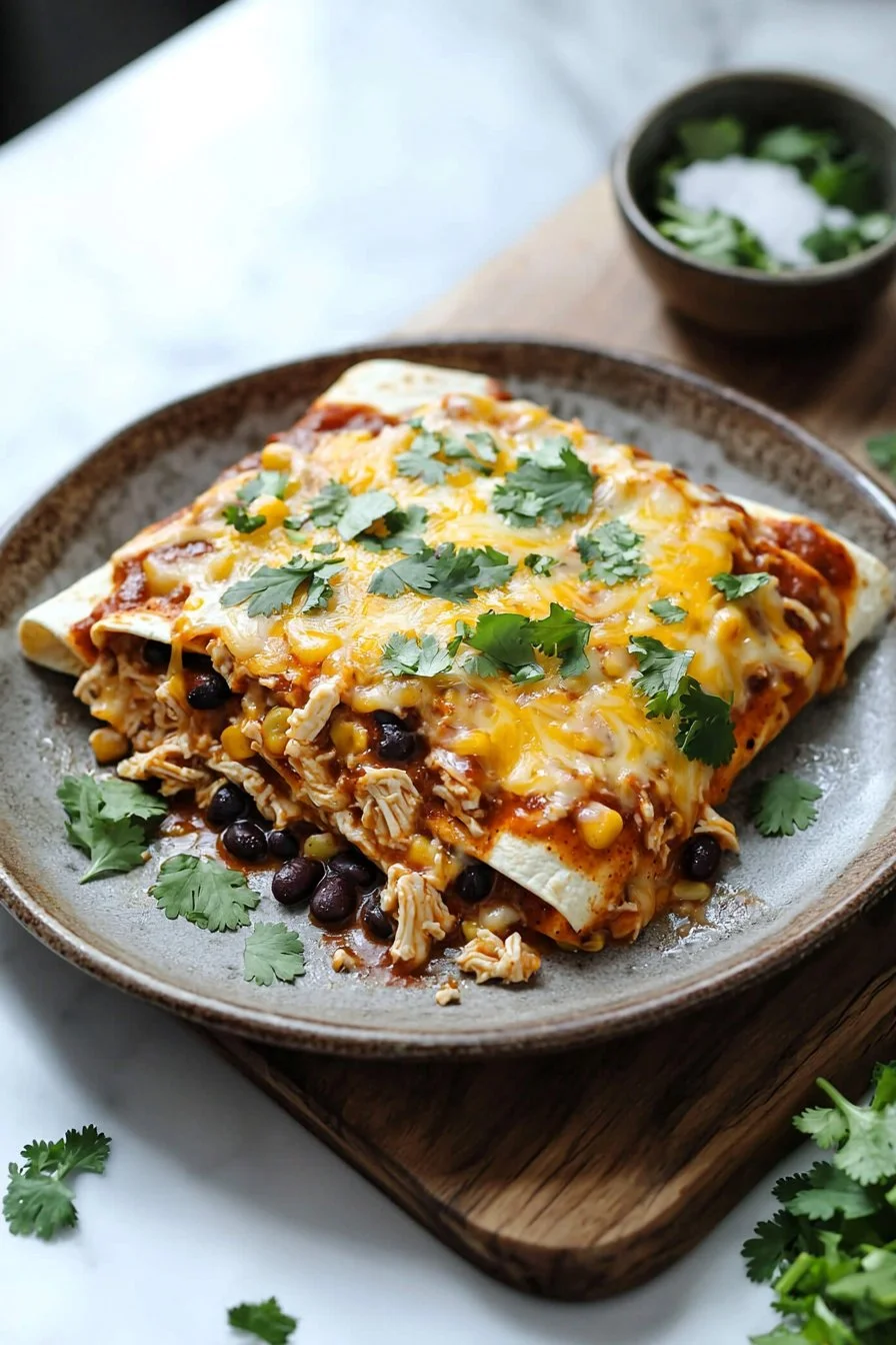 Crockpot Chicken Enchiladas Casserole with melted cheese and toppings