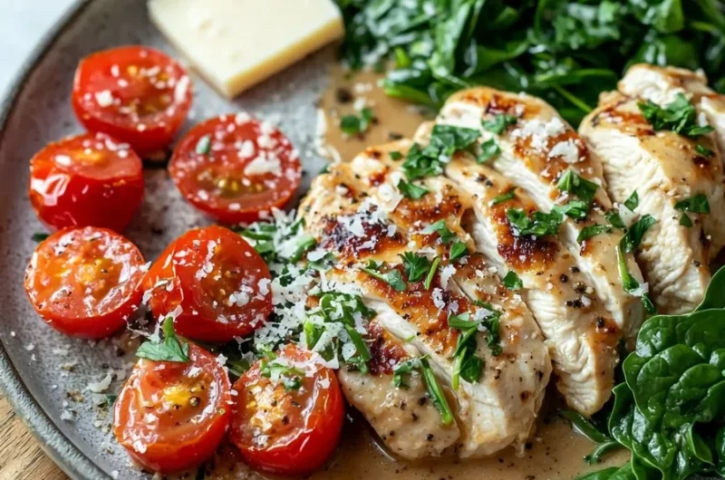 Crockpot Tuscan Chicken served with fresh herbs and vegetables.