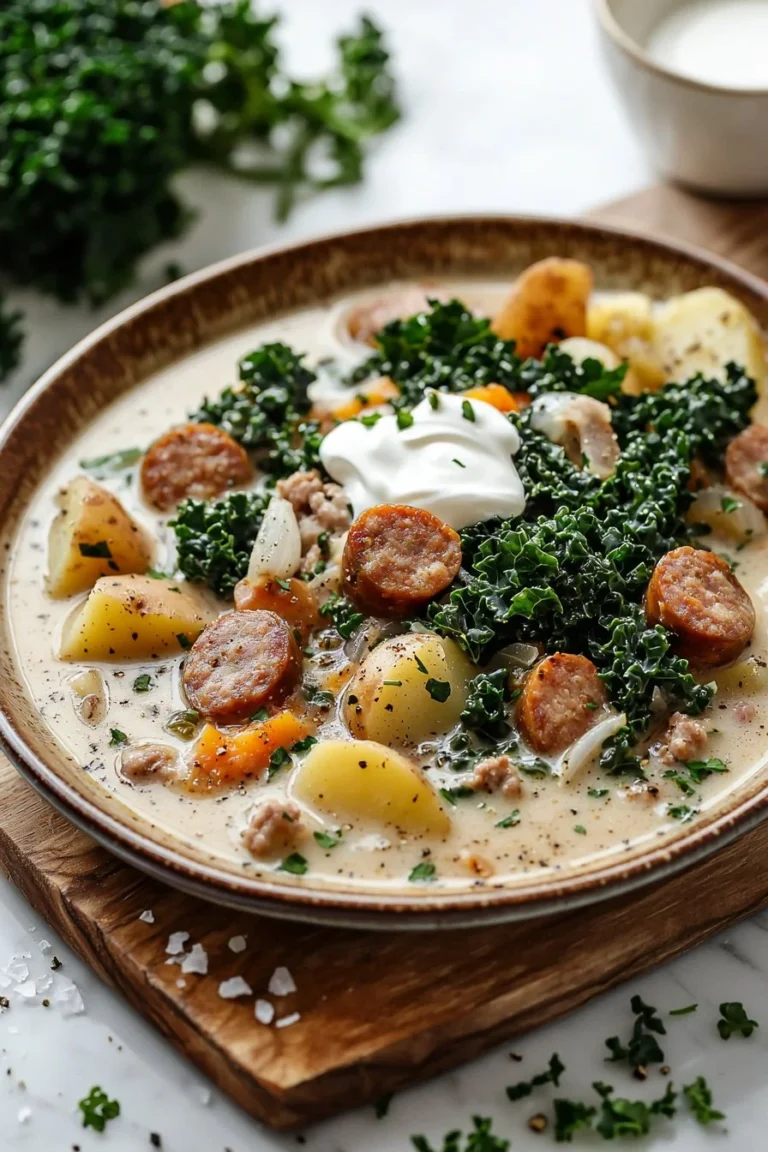 Delicious Crockpot Tuscan soup in a bowl, garnished with herbs and bread.