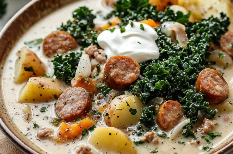 Delicious Crockpot Tuscan soup in a bowl, garnished with herbs and bread.