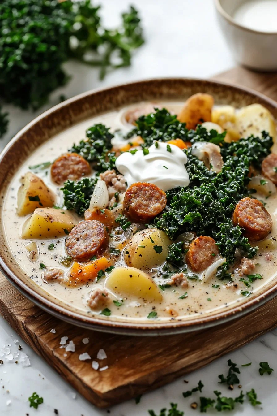 Delicious Crockpot Tuscan soup in a bowl, garnished with herbs and bread.