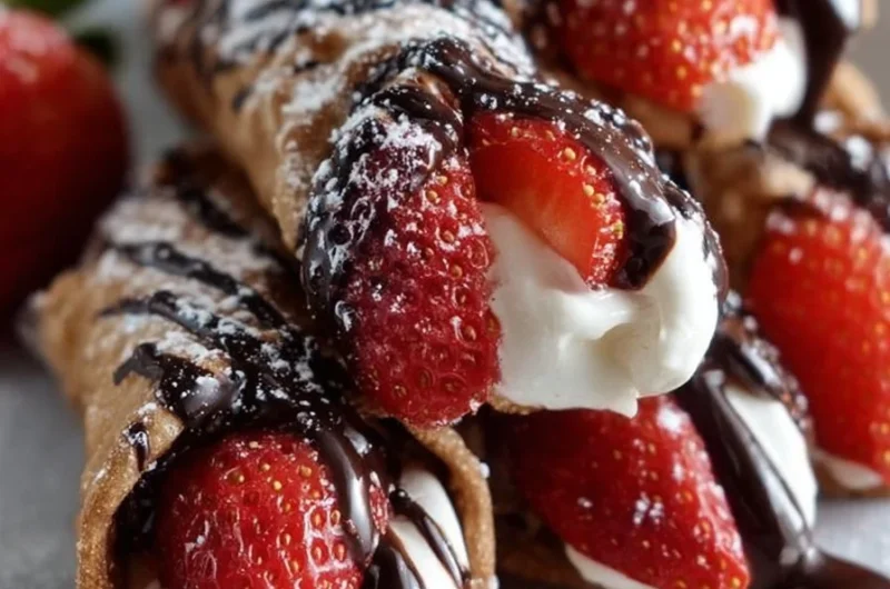 Delicious chocolate-covered cannoli filled with strawberry cream