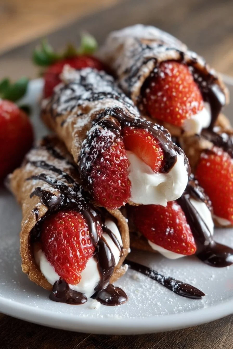 Delicious chocolate-covered cannoli filled with strawberry cream