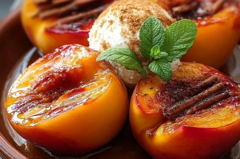 Delicious baked peaches with brown sugar and cinnamon topping