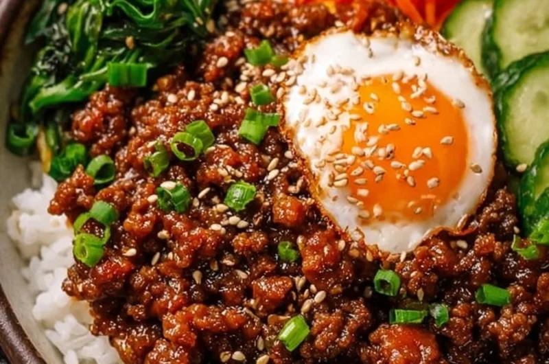 Delicious Korean Ground Beef Bowl topped with vegetables and served over rice
